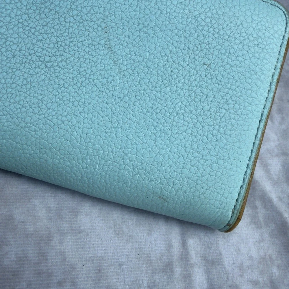 Kate Spade New York Zip Around Continental Wallet Blue Pebbled Leather Gold Logo